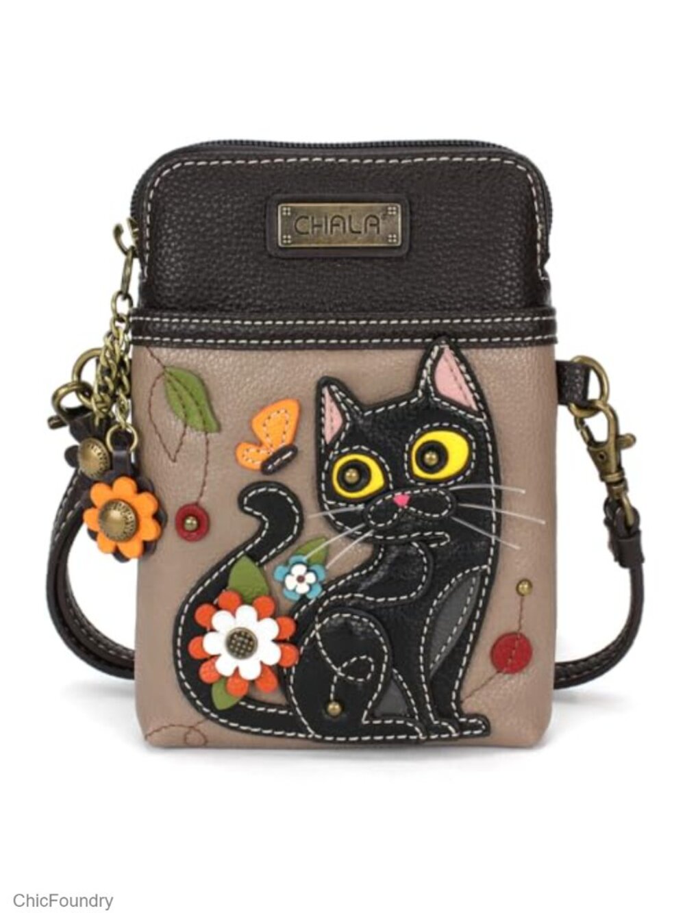 Cat Cell Phone Crossbody Purse Faux Leather & Canvas Adjustable Strap